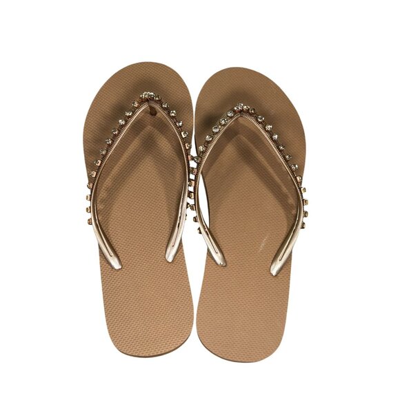 Gold Tone Shade & Shore Flip Flops With Rhinestone Embellishment - Picture 2 of 4